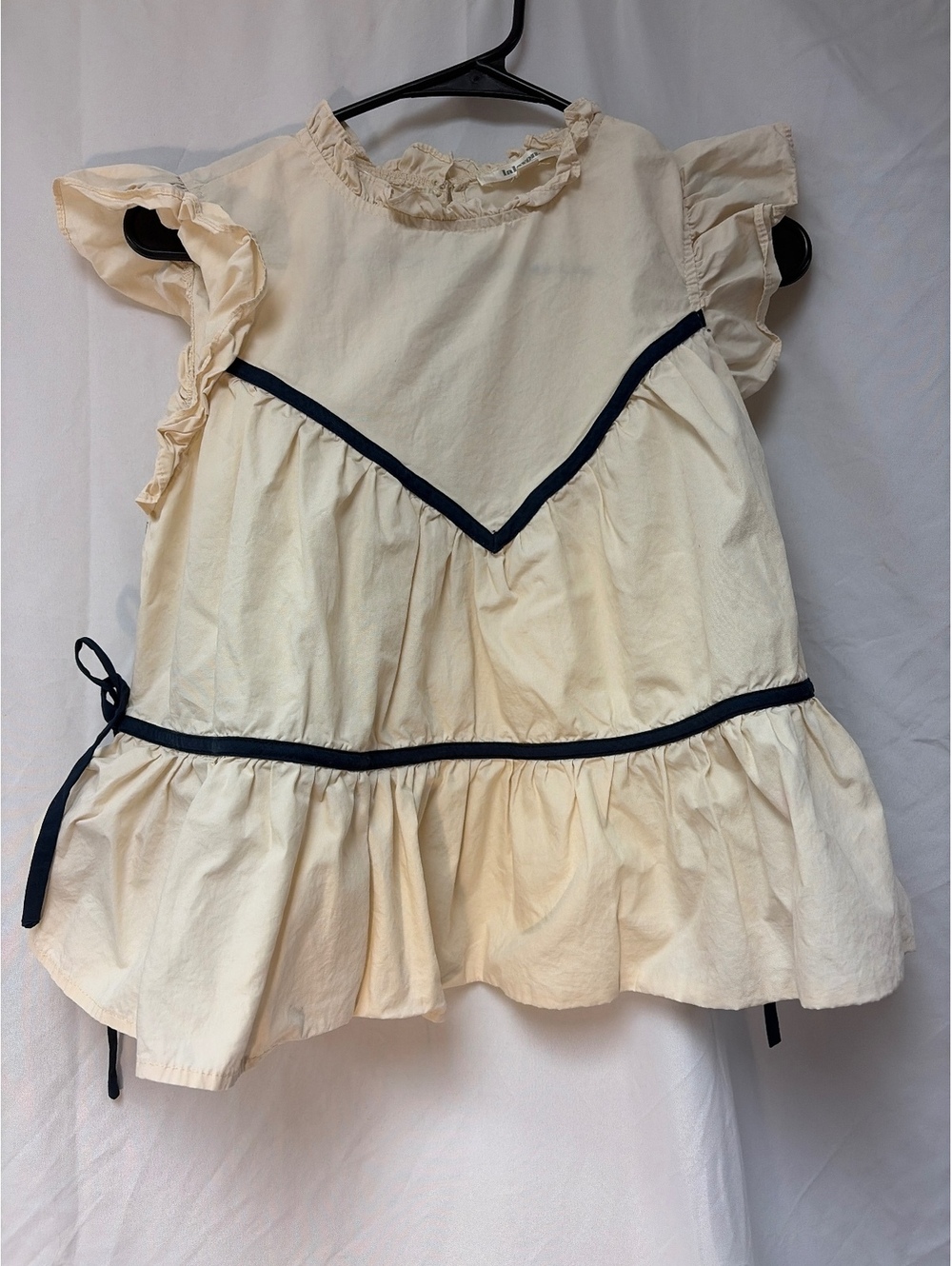 Lalavon Small Cream Ruffle Dress with Navy Trim